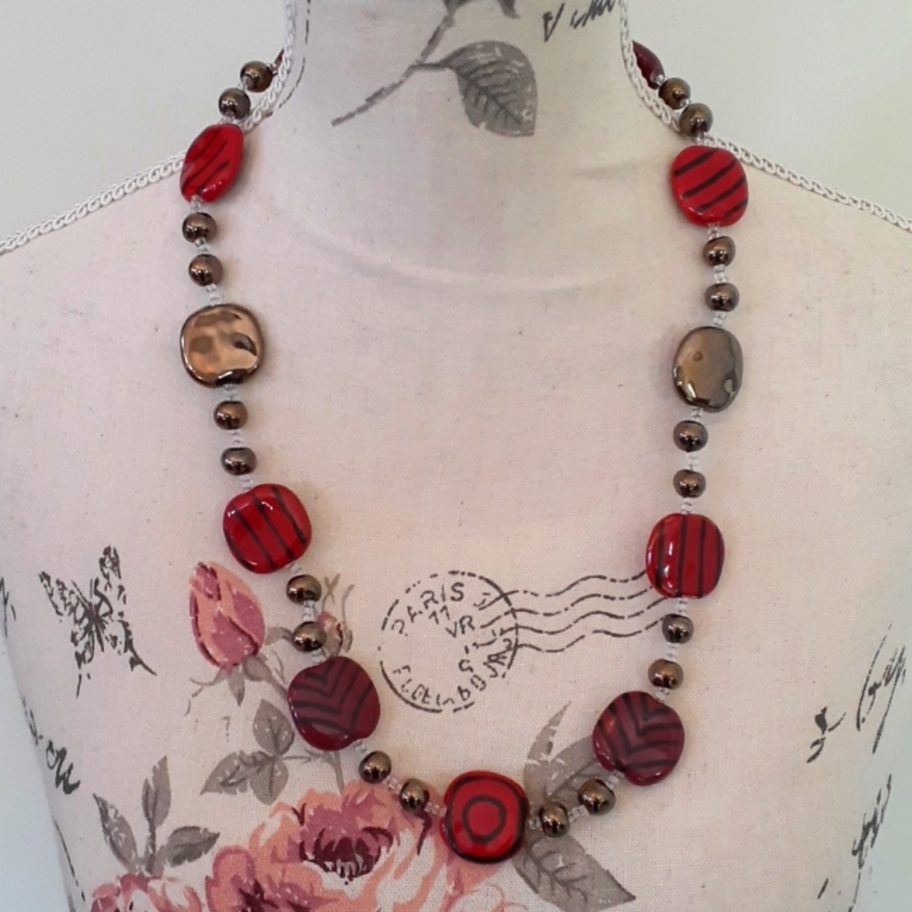 % Vintage red and pewter artsy bead Statement Necklace